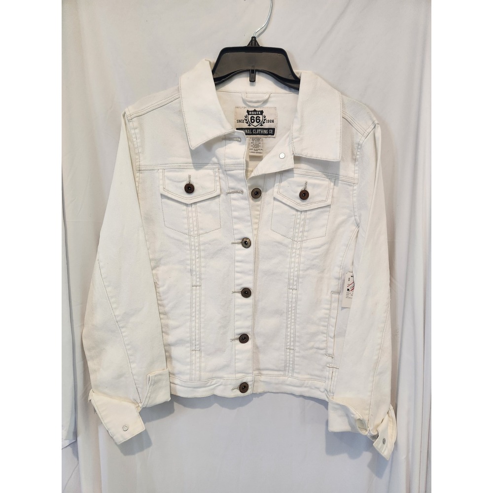 Route 66 Womens White Denim Trucker Jacket Large NWT Stretch Cotton Blend